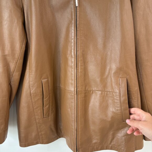 Excelled Mens Tan Brown Leather Jacket Size L Zip Front Collared 100% Leather - Picture 6 of 14